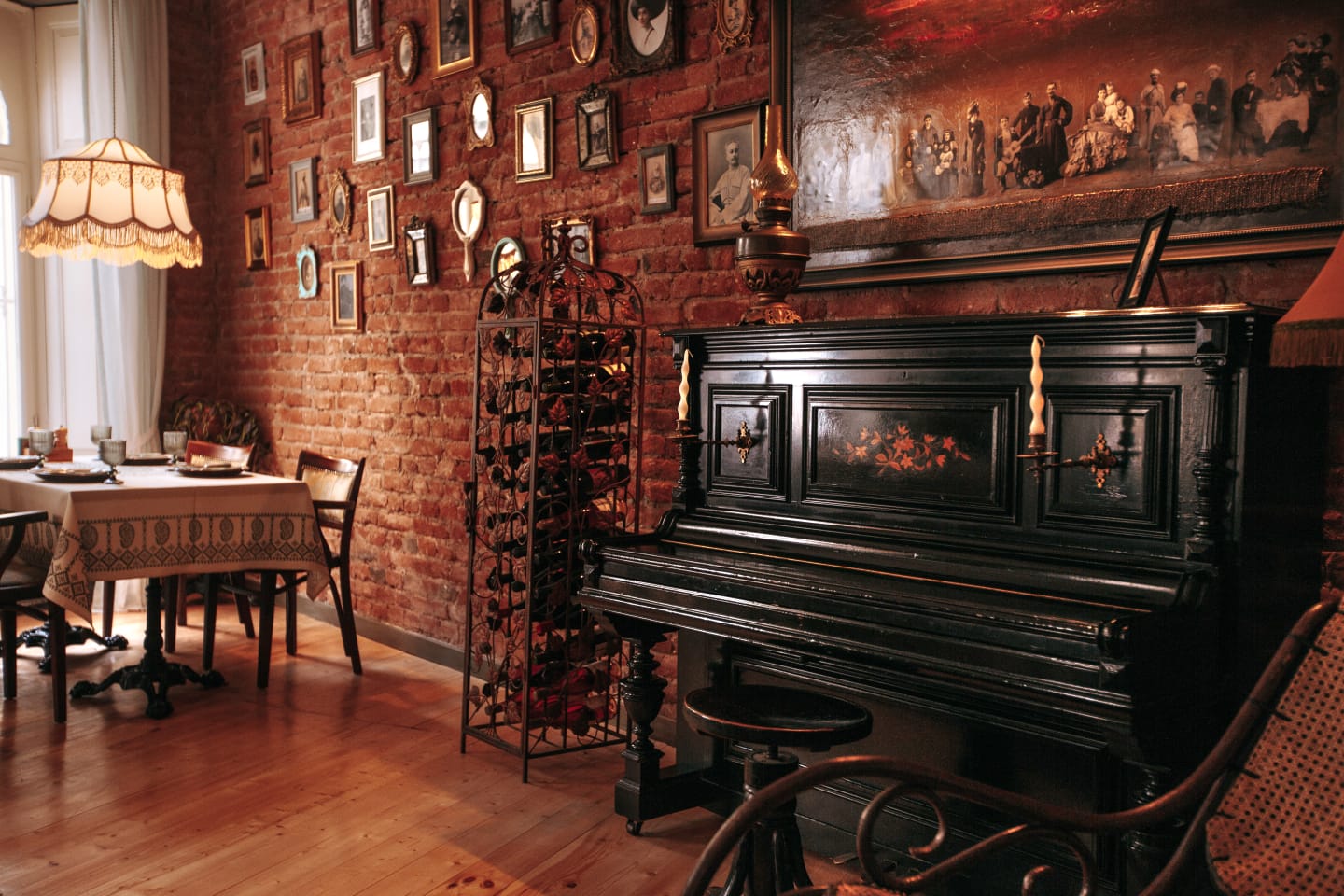Piano and paintings in the dining room